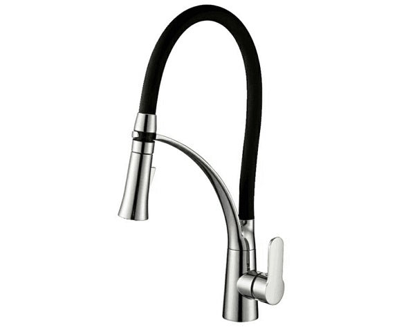 Single-handle kitchen faucet with black silicone hose in Polished Chrome
